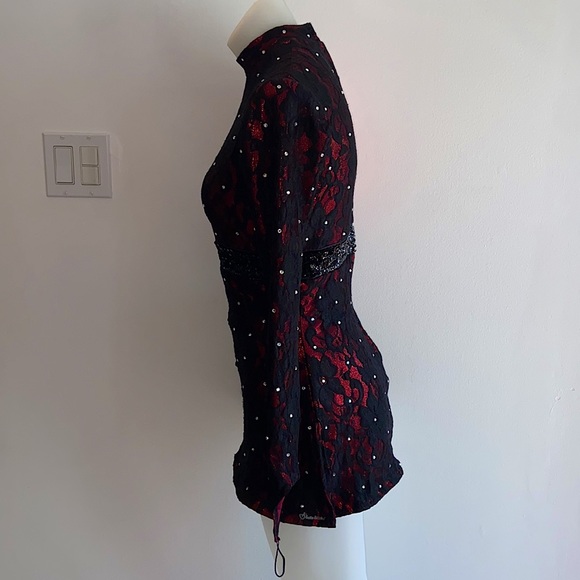 Romantic Gothic Black Lace & Diamond Detailed Deep Red Bodysuit Dress - Picture 9 of 12